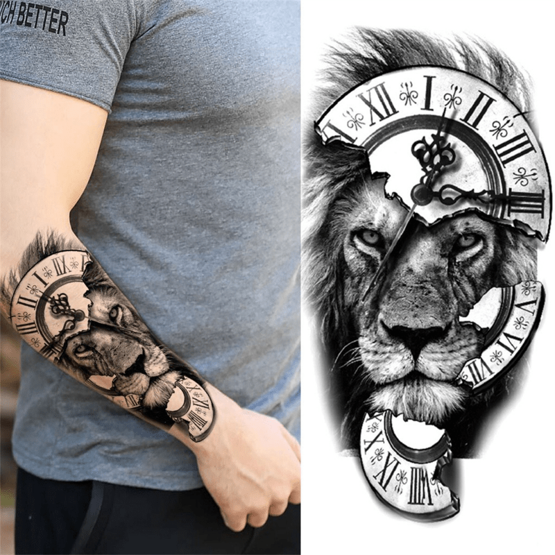 Waterproof Temporary Tattoo Sticker Lion & Broken Clock Pattern