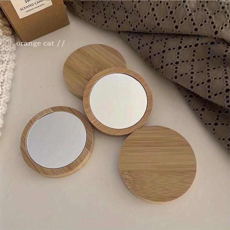Portable Compact Round Wooden Mirror for Beauty Touch-ups