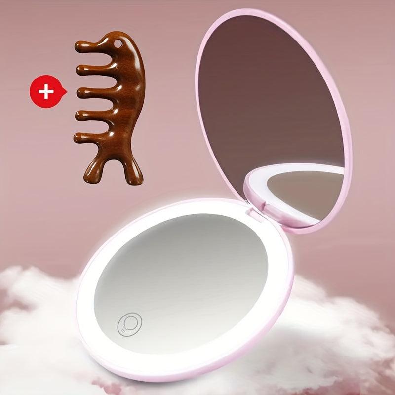 LED Makeup Mirror & Massage Comb Kit Portable Travel Vanity Mirror