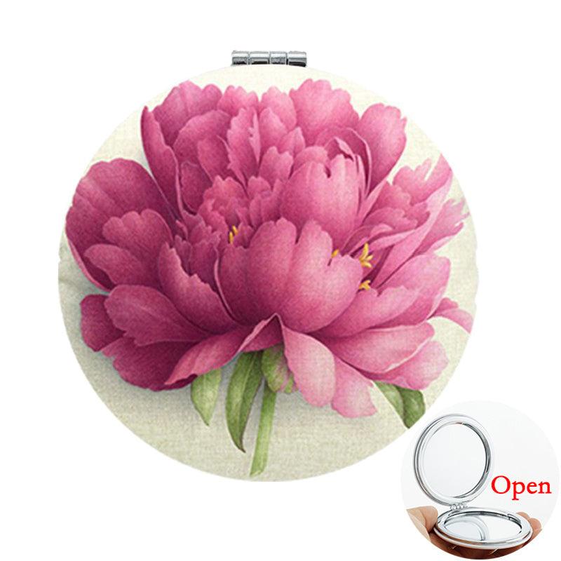 Flowers Printed PU Leather Makeup Mirror Compact 1X 2X Magnifying Vanity Mirror
