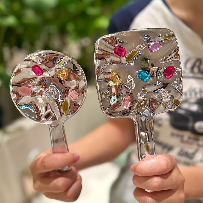 Crystal Decor Handheld Makeup Mirror with Comfort Handle