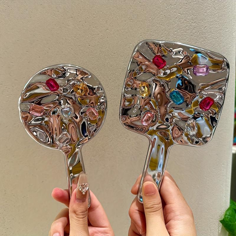 Crystal Decor Handheld Makeup Mirror with Comfort Handle