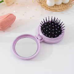 Round Mini Hair Brush w/ Mirror and Massage Comb for Women & Girls