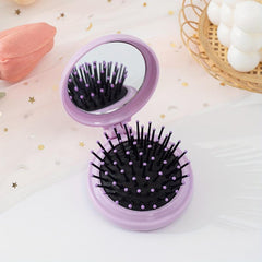 Round Mini Hair Brush w/ Mirror and Massage Comb for Women & Girls
