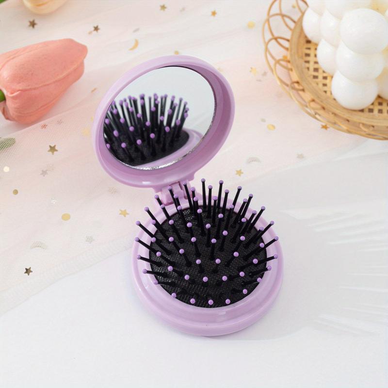 Round Mini Hair Brush w/ Mirror and Massage Comb for Women & Girls