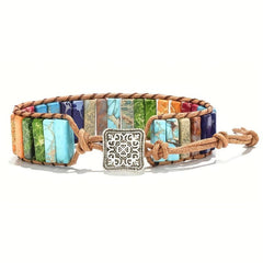 7 Chakra Bracelet Real Stones Leather Wrap Healing Bead Bracelet Boho Jewelry