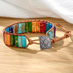 7 Chakra Bracelet Real Stones Leather Wrap Healing Bead Bracelet Boho Jewelry