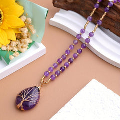 Amethyst Crystal Necklace Tree Of Life Chakra Gem Pendant