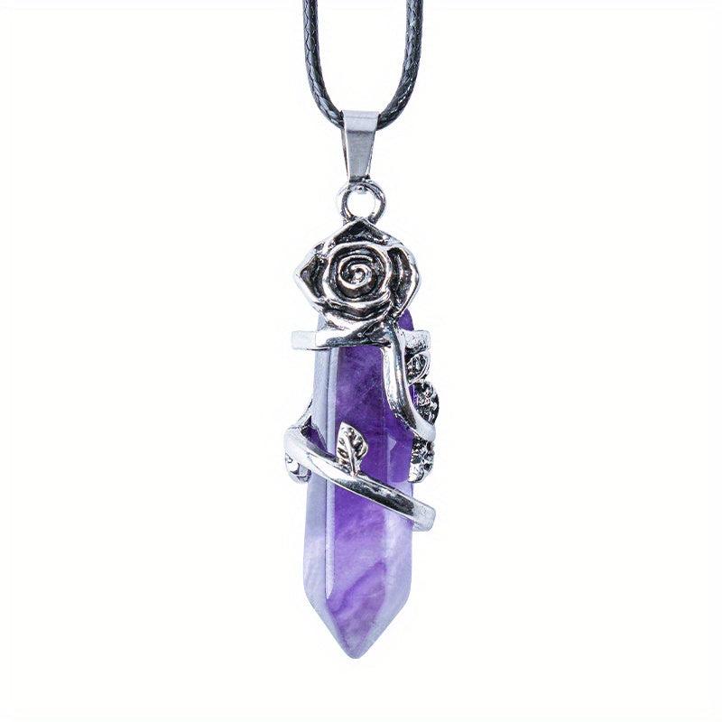 Flower Wrapped Crystal Point Pendant Necklace for Reiki Healing