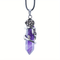 Flower Wrapped Crystal Point Pendant Necklace for Reiki Healing