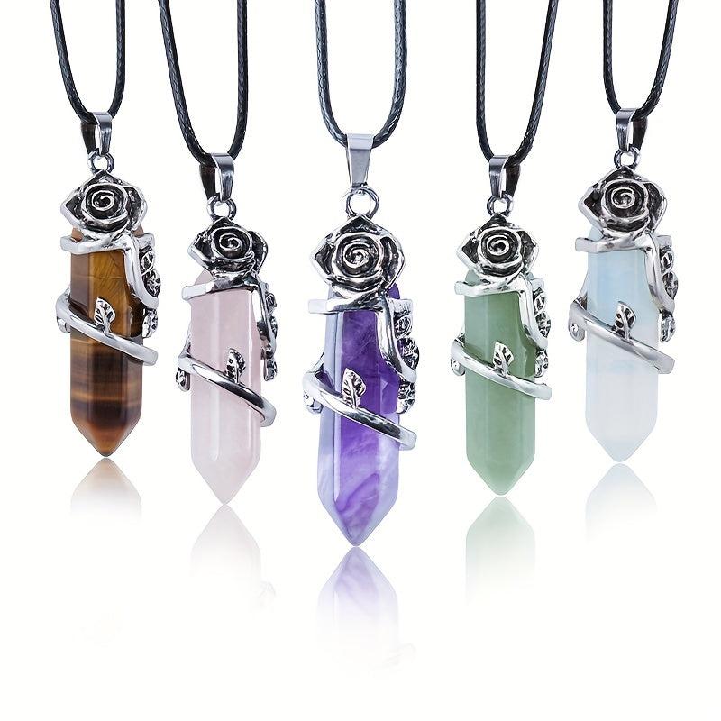 Flower Wrapped Crystal Point Pendant Necklace for Reiki Healing