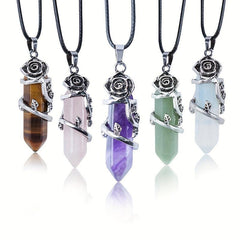 Flower Wrapped Crystal Point Pendant Necklace for Reiki Healing