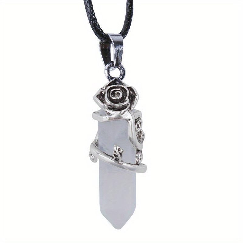 Flower Wrapped Crystal Point Pendant Necklace for Reiki Healing
