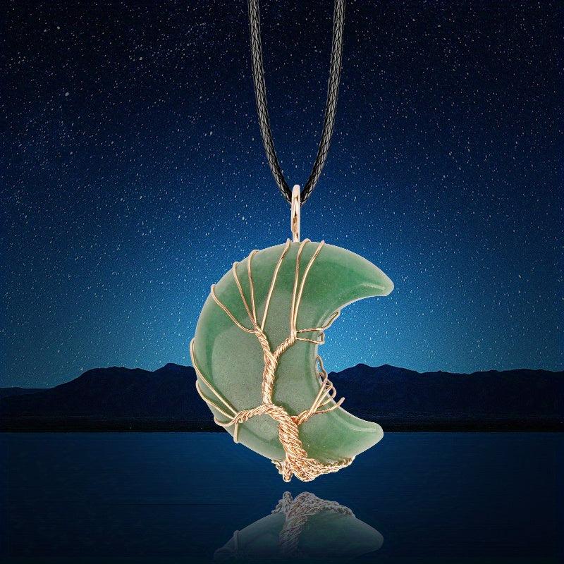 Natural Crystal Moon Pendant Tree Of Life Reiki Healing Stone