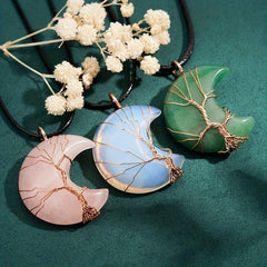 Natural Crystal Moon Pendant Tree Of Life Reiki Healing Stone