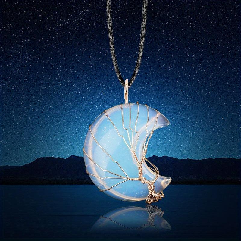 Natural Crystal Moon Pendant Tree Of Life Reiki Healing Stone