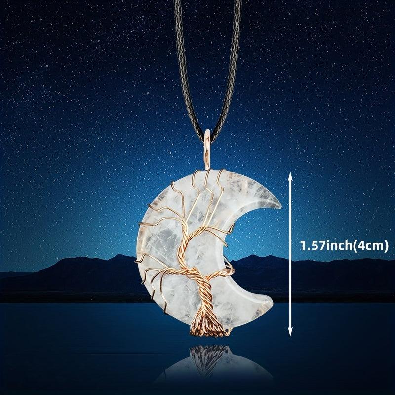 Natural Crystal Moon Pendant Tree Of Life Reiki Healing Stone