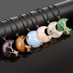 Natural Crystal Moon Pendant Tree Of Life Reiki Healing Stone