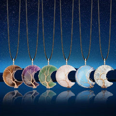Natural Crystal Moon Pendant Tree Of Life Reiki Healing Stone