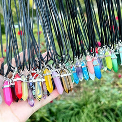 Chakra Pendant Leather Necklace Set Crystal Pointed Gemstone Necklace