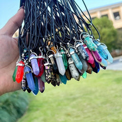 Chakra Pendant Leather Necklace Set Crystal Pointed Gemstone Necklace