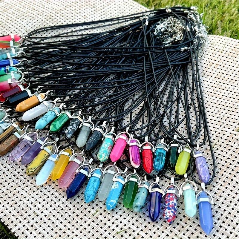 Chakra Pendant Leather Necklace Set Crystal Pointed Gemstone Necklace