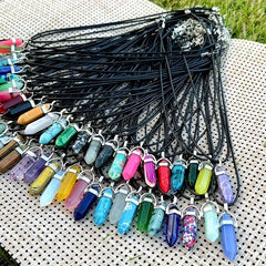 Chakra Pendant Leather Necklace Set Crystal Pointed Gemstone Necklace