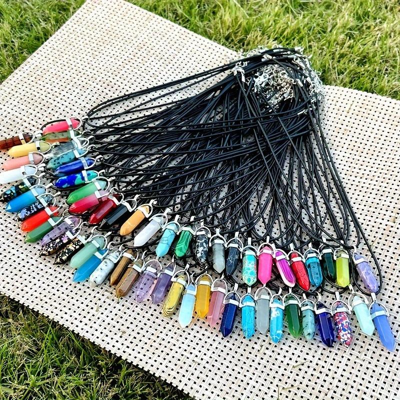 Chakra Pendant Leather Necklace Set Crystal Pointed Gemstone Necklace