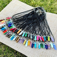 Chakra Pendant Leather Necklace Set Crystal Pointed Gemstone Necklace