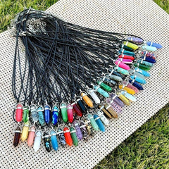 Chakra Pendant Leather Necklace Set Crystal Pointed Gemstone Necklace
