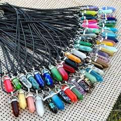 Chakra Pendant Leather Necklace Set Crystal Pointed Gemstone Necklace