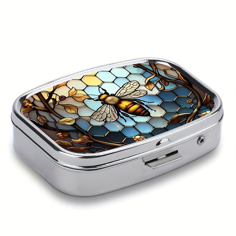 Plaid Bee Pill Box 2 Compartment Portable Medicine Case