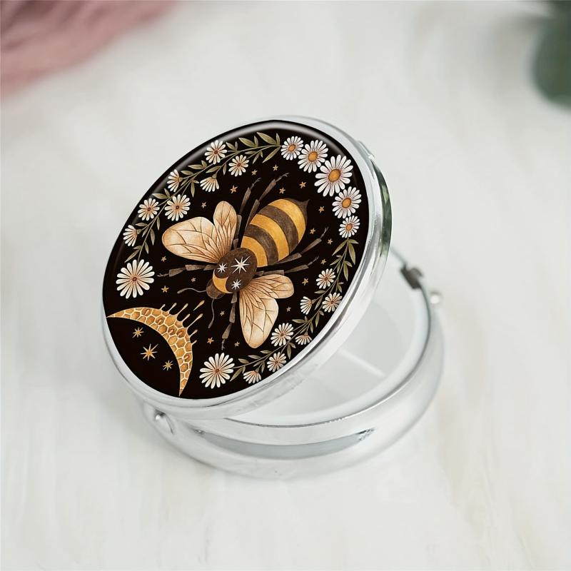 Bee Flowers Pill Box Mini 3 Compartment Decorative Pocket Purse Travel Organizer