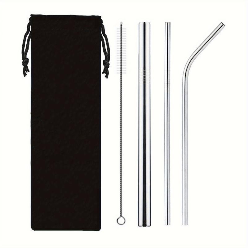 4pcs Stainless Steel Straw Cloth Bag Portable Titanium Plating Travel Set
