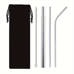 4pcs Stainless Steel Straw Cloth Bag Portable Titanium Plating Travel Set