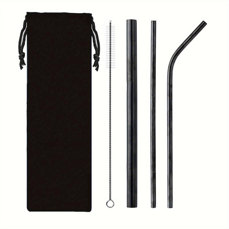 4pcs Stainless Steel Straw Cloth Bag Portable Titanium Plating Travel Set