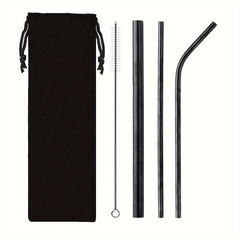 4pcs Stainless Steel Straw Cloth Bag Portable Titanium Plating Travel Set