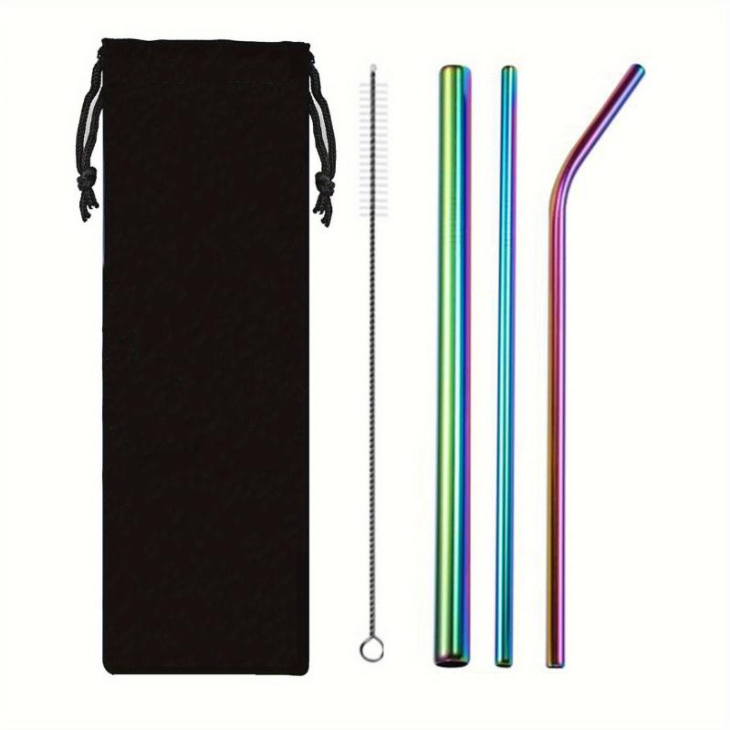 4pcs Stainless Steel Straw Cloth Bag Portable Titanium Plating Travel Set
