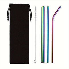 4pcs Stainless Steel Straw Cloth Bag Portable Titanium Plating Travel Set