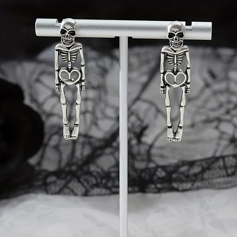 Halloween Silvery Skeleton Dangle Earrings Retro Goth Style Alloy Jewelry