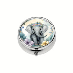 Elephant Round Pill Box 3 Compartment Mini Decorative Portable Travel Organizer