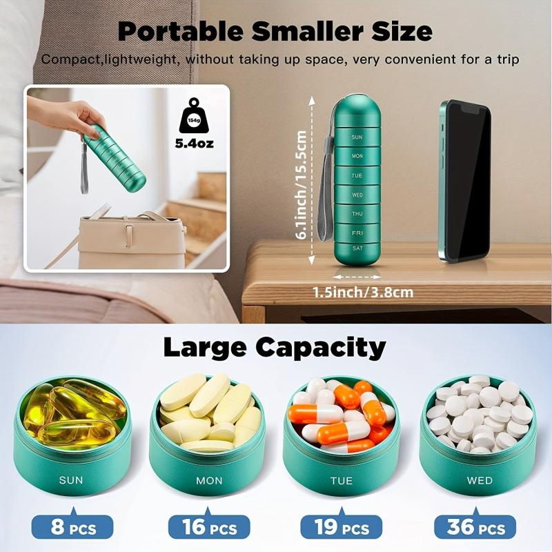 Metal Weekly Pill Organizer Stackable Aluminum Alloy with Large Compartment