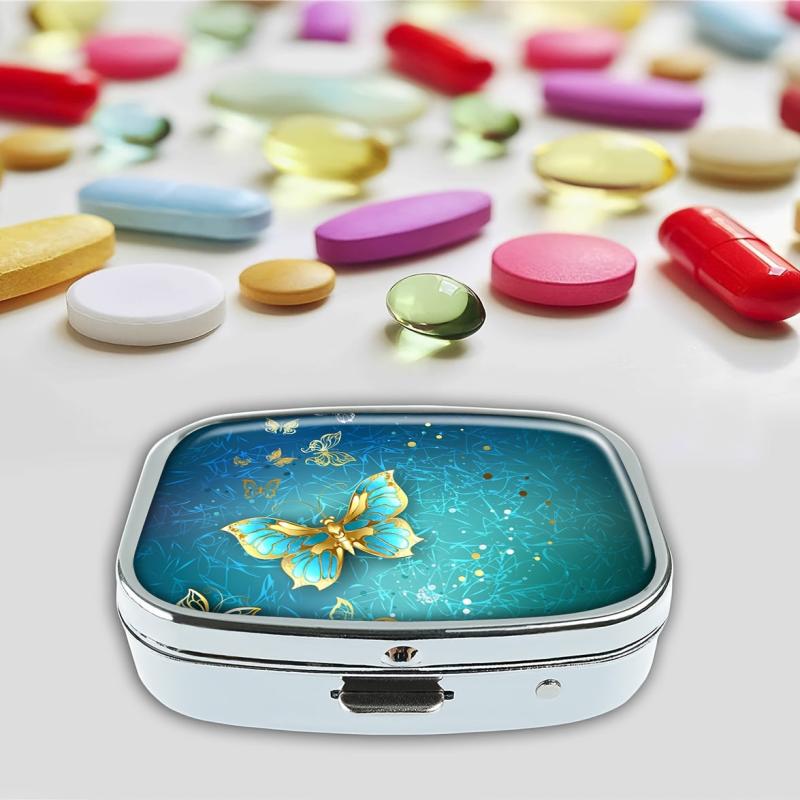 Golden Butterflies Pill Box 2 Compartment Portable Medicine Holder