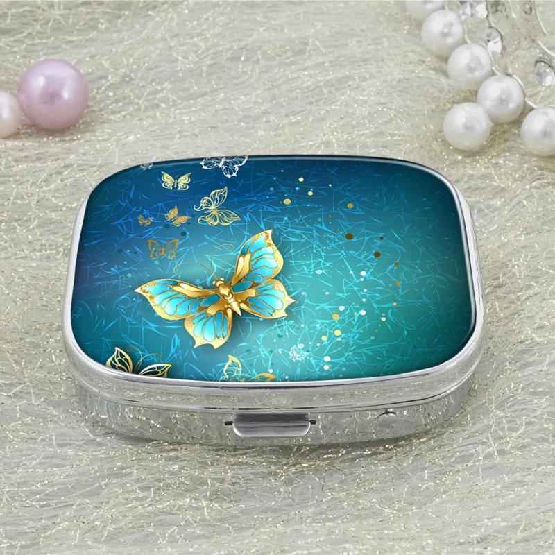 Golden Butterflies Pill Box 2 Compartment Portable Medicine Holder