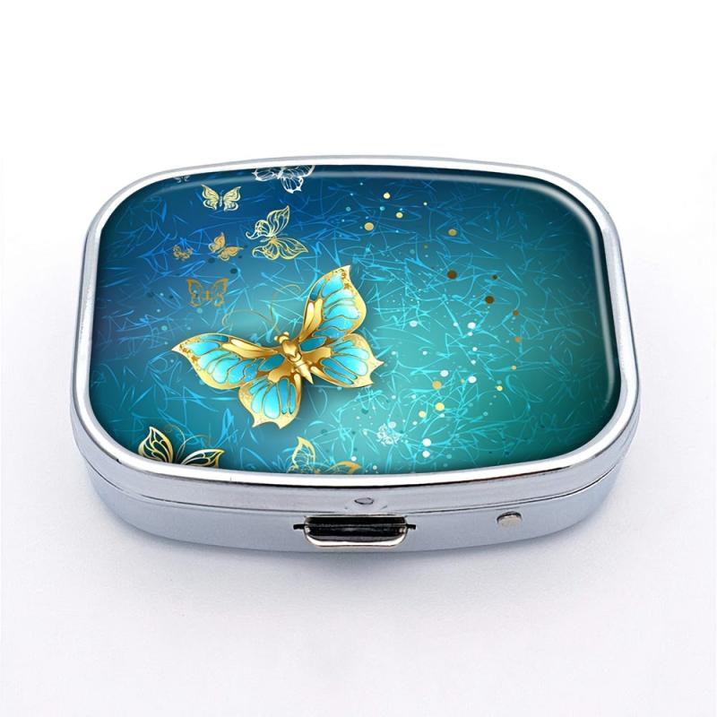 Golden Butterflies Pill Box 2 Compartment Portable Medicine Holder