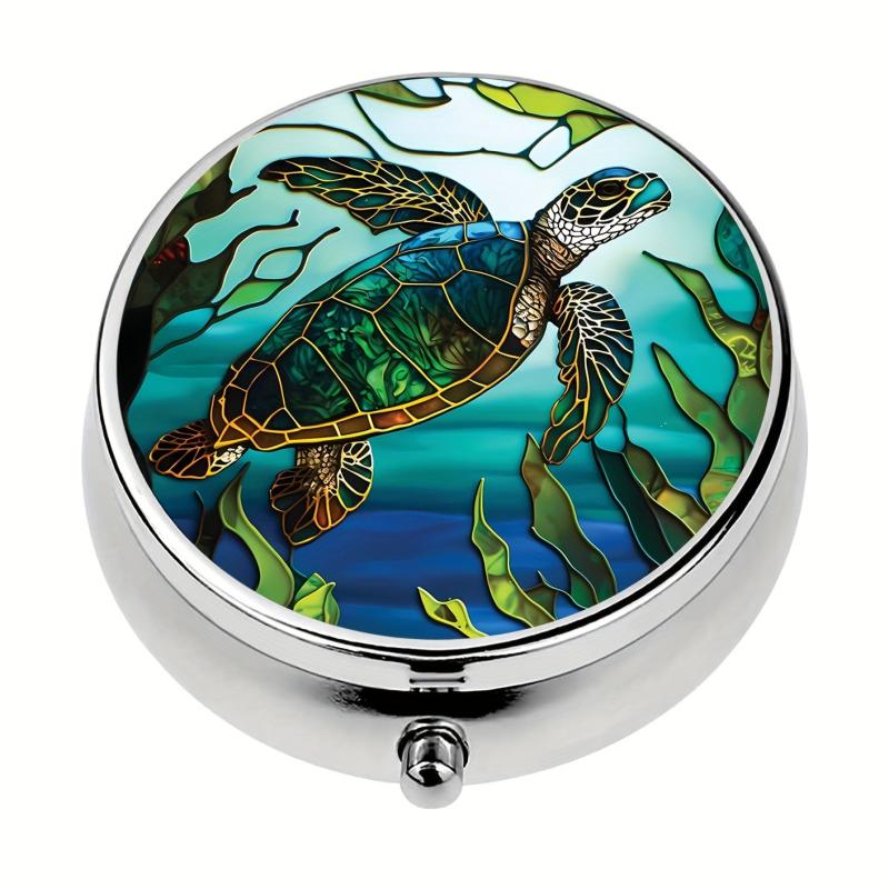 Stained Glass Turtle 3 Compartment Pill Box for Travel and Purse