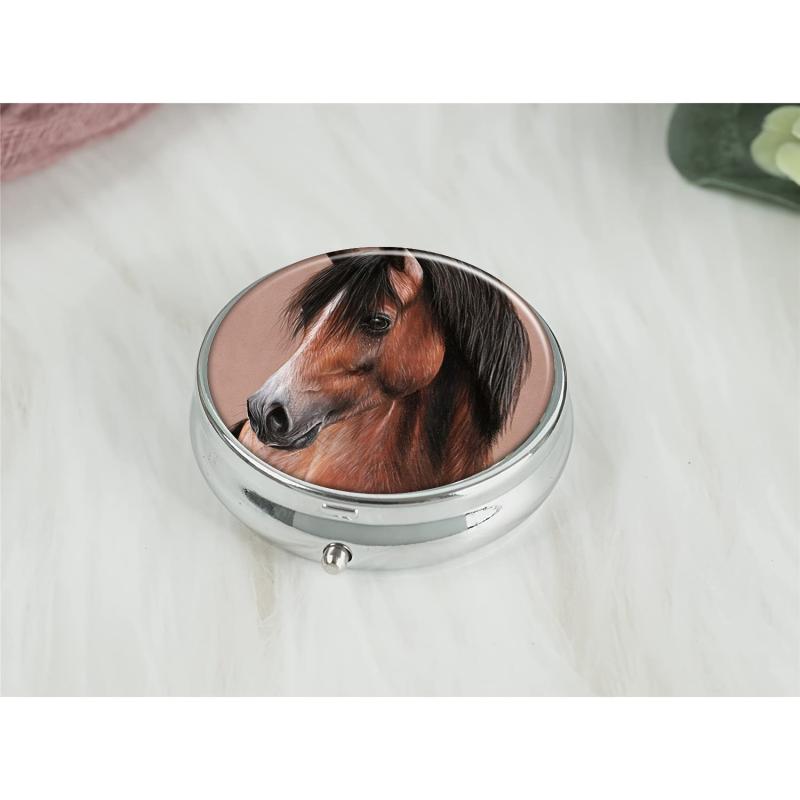 Brown Horse Round Pill Box 3 Compartment Decorative Portable Medicine Organizer