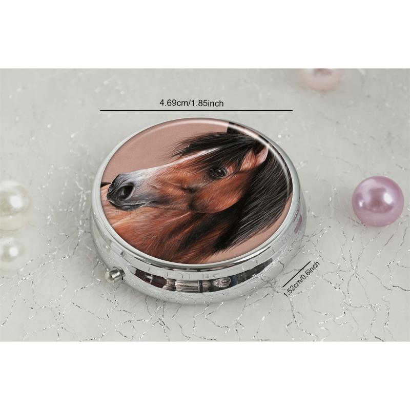 Brown Horse Round Pill Box 3 Compartment Decorative Portable Medicine Organizer