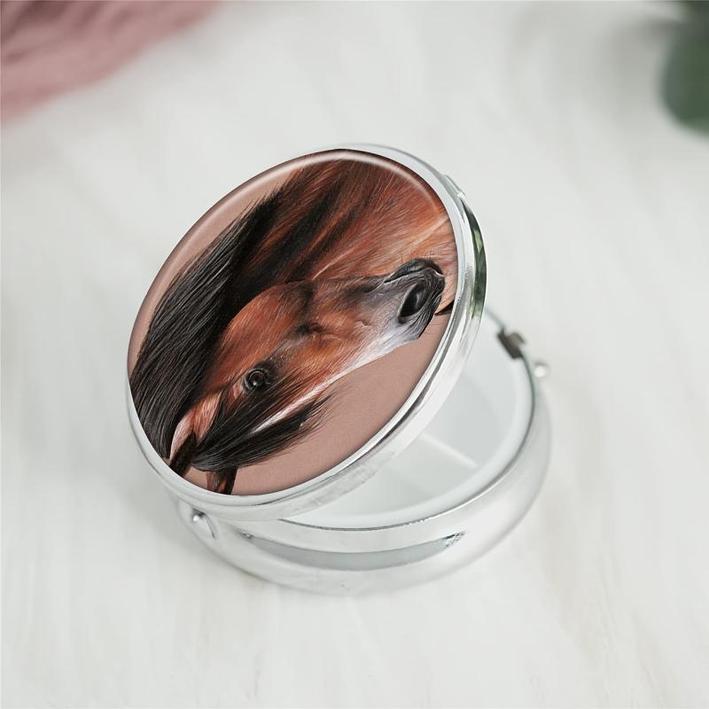 Brown Horse Round Pill Box 3 Compartment Decorative Portable Medicine Organizer