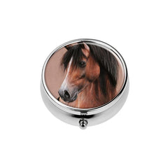 Brown Horse Round Pill Box 3 Compartment Decorative Portable Medicine Organizer